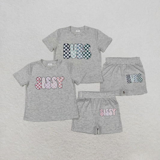 New Rts No Moq 8-9 Days By Air Arrived it Kids Grey Plaid Sissy Top Shorts Set Short Sleeves Girls Clothing Outfit