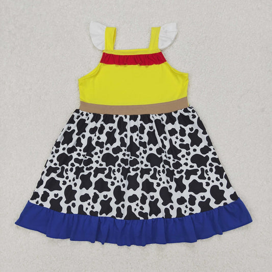GSD1881 RTS NO MOQ Yellow cow print flutter sleeves ruffle baby girls dress