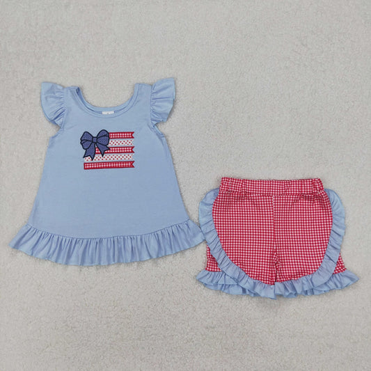 6.03  GSSO1822  New Rts No Moq 8-9 Days By Air Arrived it Flutter sleeves bow flag kids girls 4th of july outfits