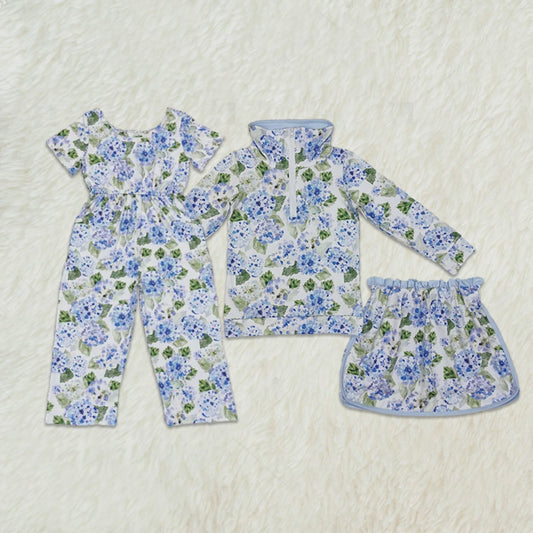 Blue Floral Kids Girls Jumpsuit with Pocket Short Sleeves for Children's Clothing