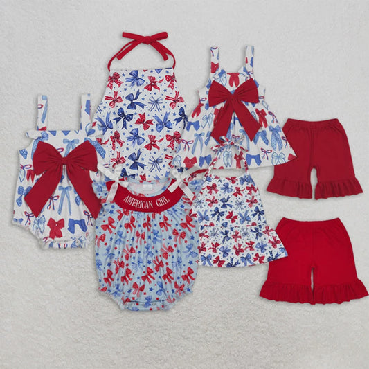 6.04   Girls Halter Top Shorts Set Stars Stripe Bow 4th of July Outfit Red White And Blue Patriotic Clothing for Kids