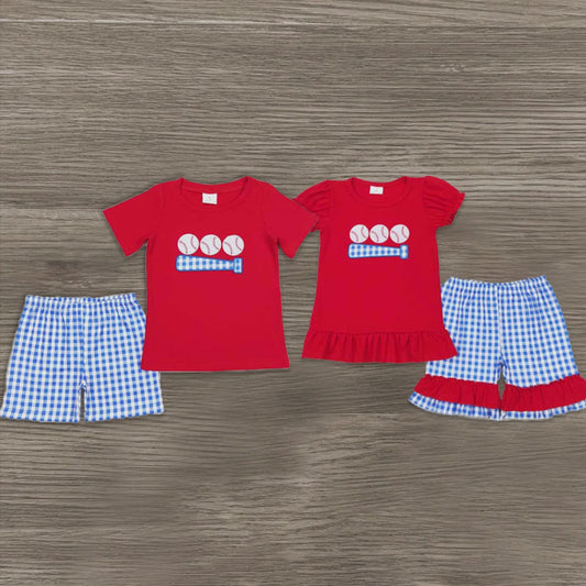 6.04   New Rts No Moq 8-9 Days By Air Arrived it Kids Boys Red Plaid Shorts Outfit Baseball Shirt Set Toddler Clothing Combination