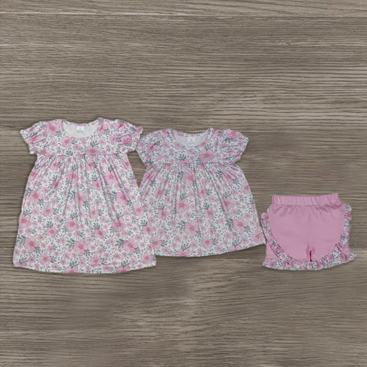 6.04   New Rts No Moq 8-9 Days By Air Arrived it Girls Outfit Short Sleeve Pink Floral Tunic Top with Ruffle Shorts Set Cute Children's Clothing for Ages 5-12