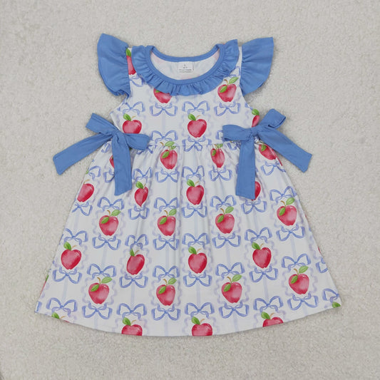 GSD1966 RTS NO MOQ Kids Girls 4th of July Dresses with Flutter Sleeves Bow Apple Design for Children's Clothing