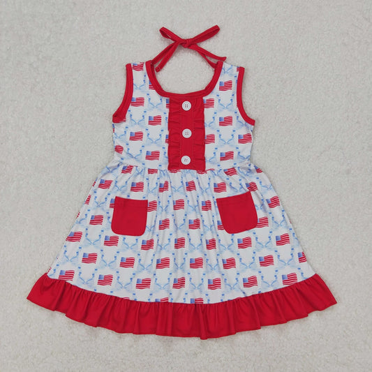 GSD1625 RTS NO MOQ Sleeveless bow flag baby girls 4th of july dresses