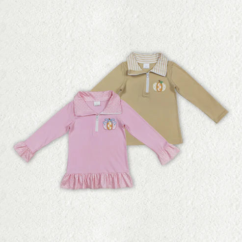 9.29 RTS Sibling Embroidery Pumpkins Baby Girls Boys Zipper Fall Pullover Tops