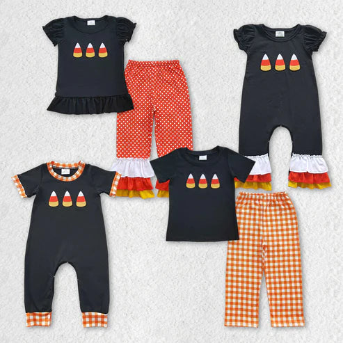10.3 RTS Sibling Baby Girls Halloween Candy Embroidery Rompers Outfits Sets