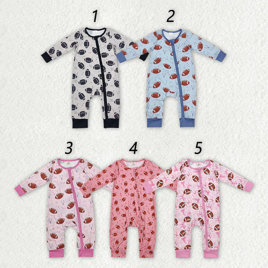 1.19 RTS Sibling Baby Infant Boys Girls Fall Football Bamboo Zip Long Sleeve Rompers