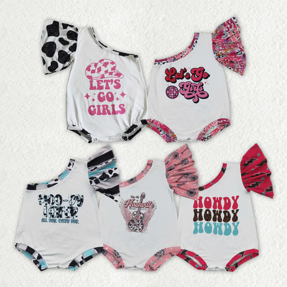 12.24 RTS Sibling Baby Girls Western One Shoulder Rompers