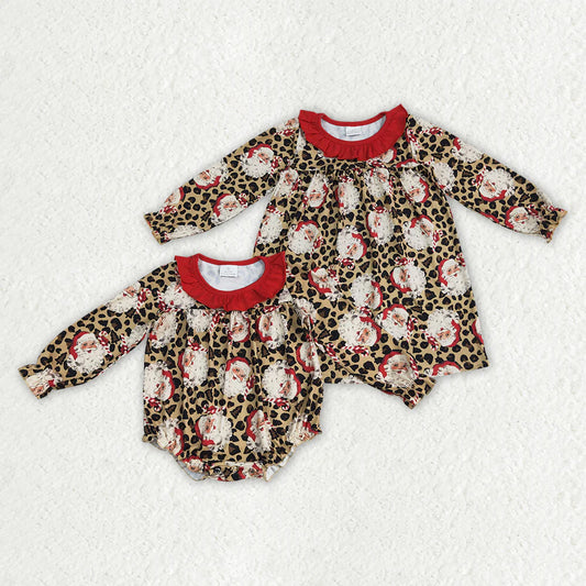 10.4 RTS Sibling Baby Girls Christmas Santa Leopard Rompers Dresses