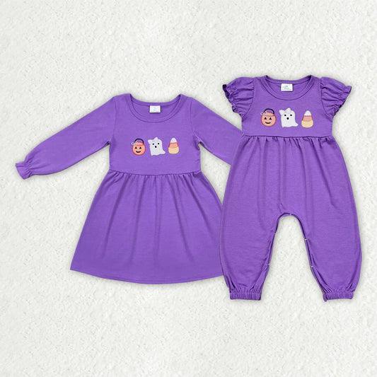 10.3 RTS Sibling Baby Girls Lavender Ghost Halloween Rompers Dresses
