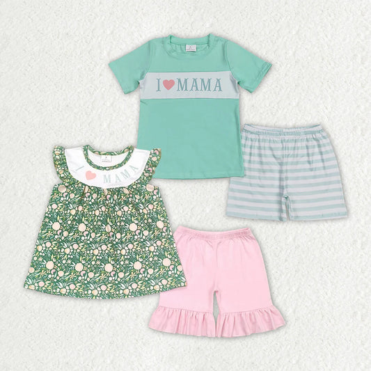 12.27 RTS Sibling Boys Baby Girls Flowers I Love Mama Outfits Summer Sets