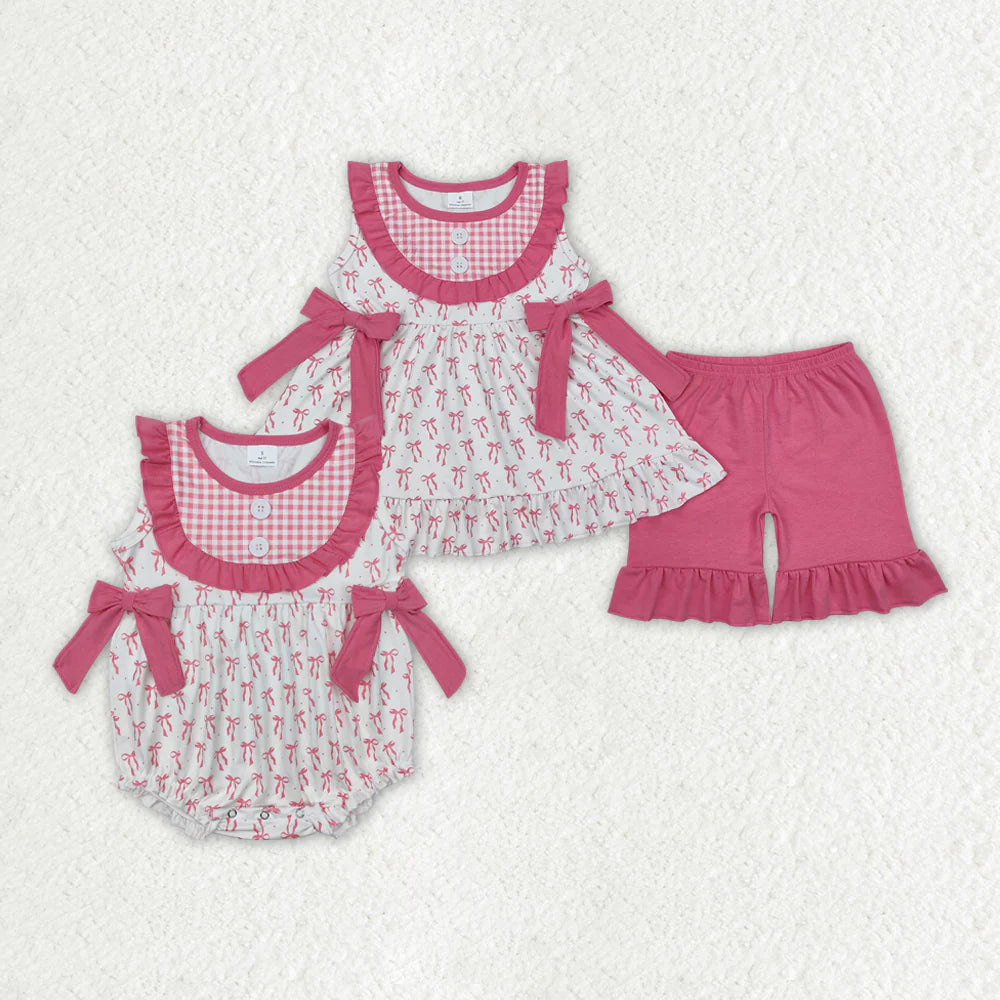 12.27 RTS Sibling Baby Girls Pink Bows Bib Outfits Rompers Suits