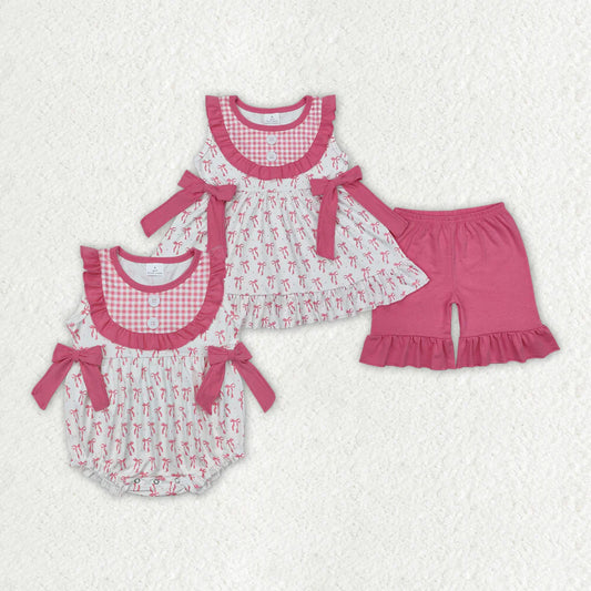 12.27 RTS Sibling Baby Girls Pink Bows Bib Outfits Rompers Suits