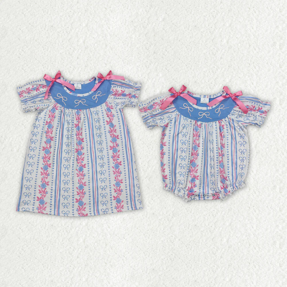 12.27 RTS Sibling Baby Girls Blue Pink Bows Rompers Dresses