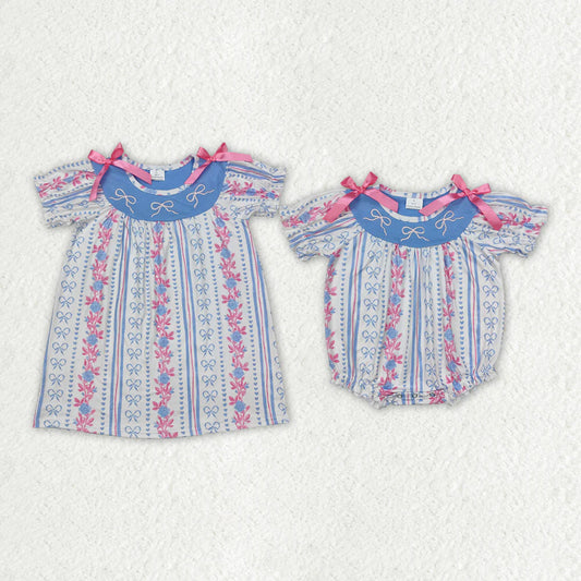 12.27 RTS Sibling Baby Girls Blue Pink Bows Rompers Dresses