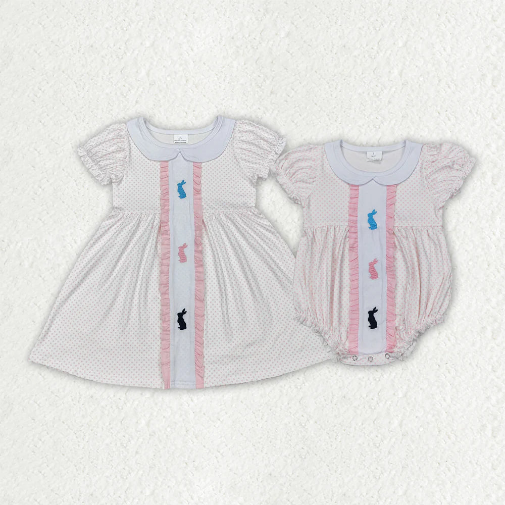 12.5 RTS Embroidery Baby Girls Easter Rabbits Polka Dots Rompers Dresses