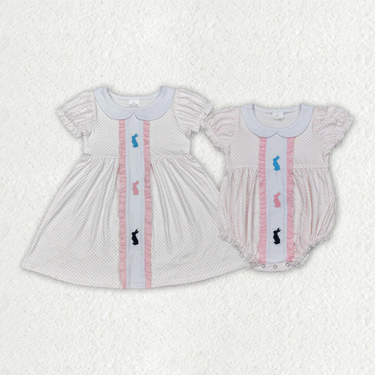 12.5 RTS Embroidery Baby Girls Easter Rabbits Polka Dots Rompers Dresses