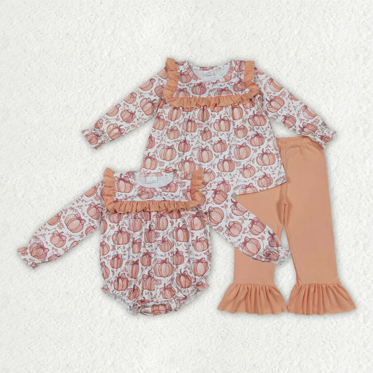 10.1 RTS Sibling Baby Girls Fall Bow Pumpkins Rompers Outfits Clothes Sets