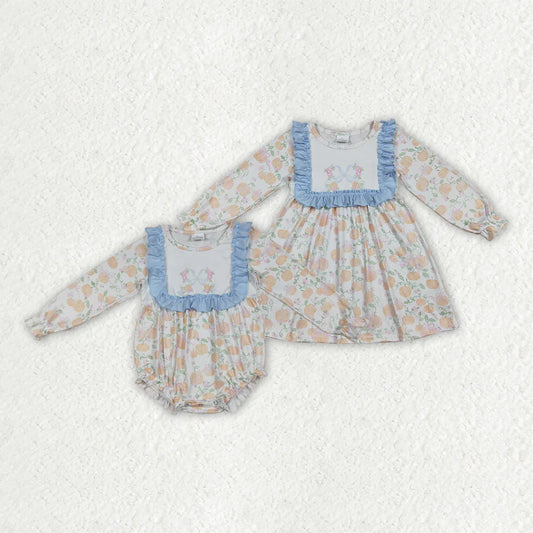 10.1 RTS Sibling Baby Girls Pumpkins Flowers Bib Rompers Dresses
