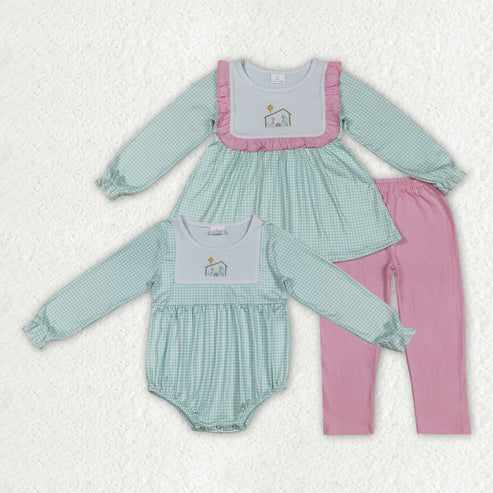 10.1 RTS Sibling Baby Girls Blue Christmas Nativity Jesus Rompers Outfits Sets
