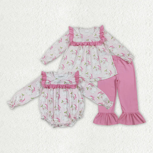 10.1 RTS Sibling Baby Girls Christmas Pink Santa Rompers Outfits Sets