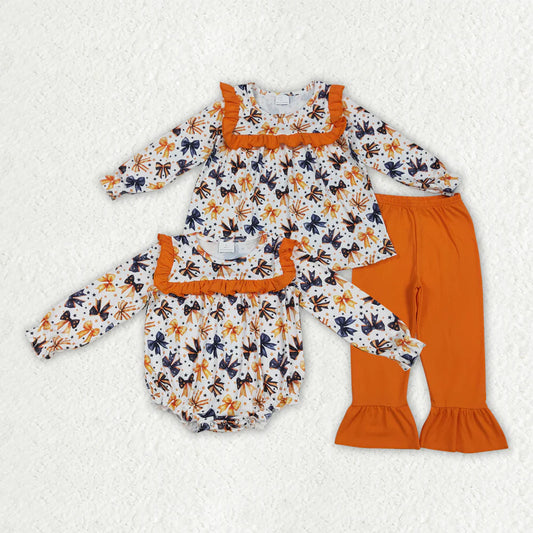10.1 RTS Sibling Baby Girls Halloween Colorful Bows Rompers Outfits Sets