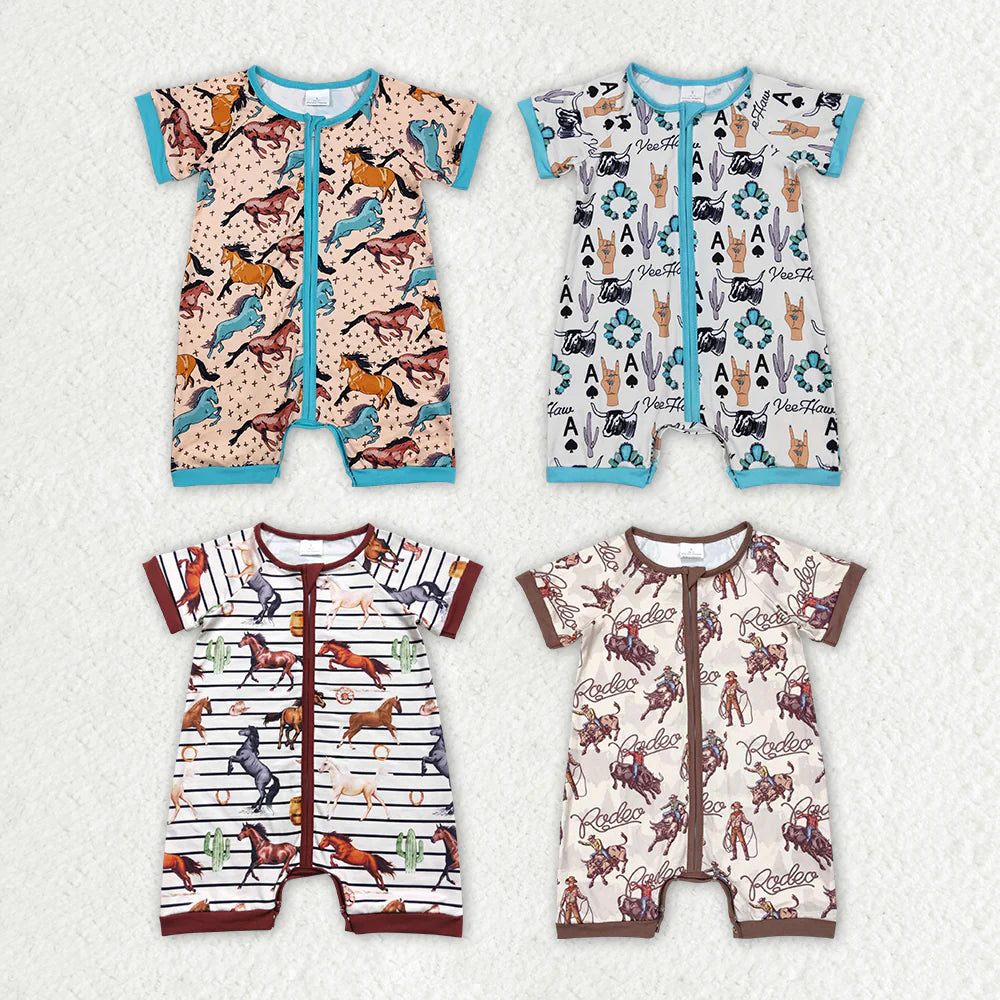 1.23 RTS Sibling Baby Infant Boys Western Cowboys Short Sleeve Zip Rompers