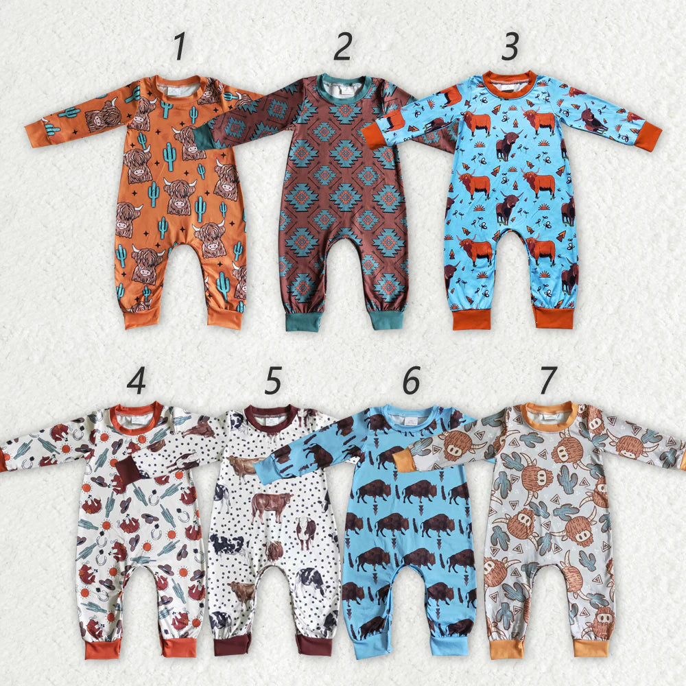 1.20 RTS Sibling Baby Girls Boys Long Sleeve Western Cow Rompers