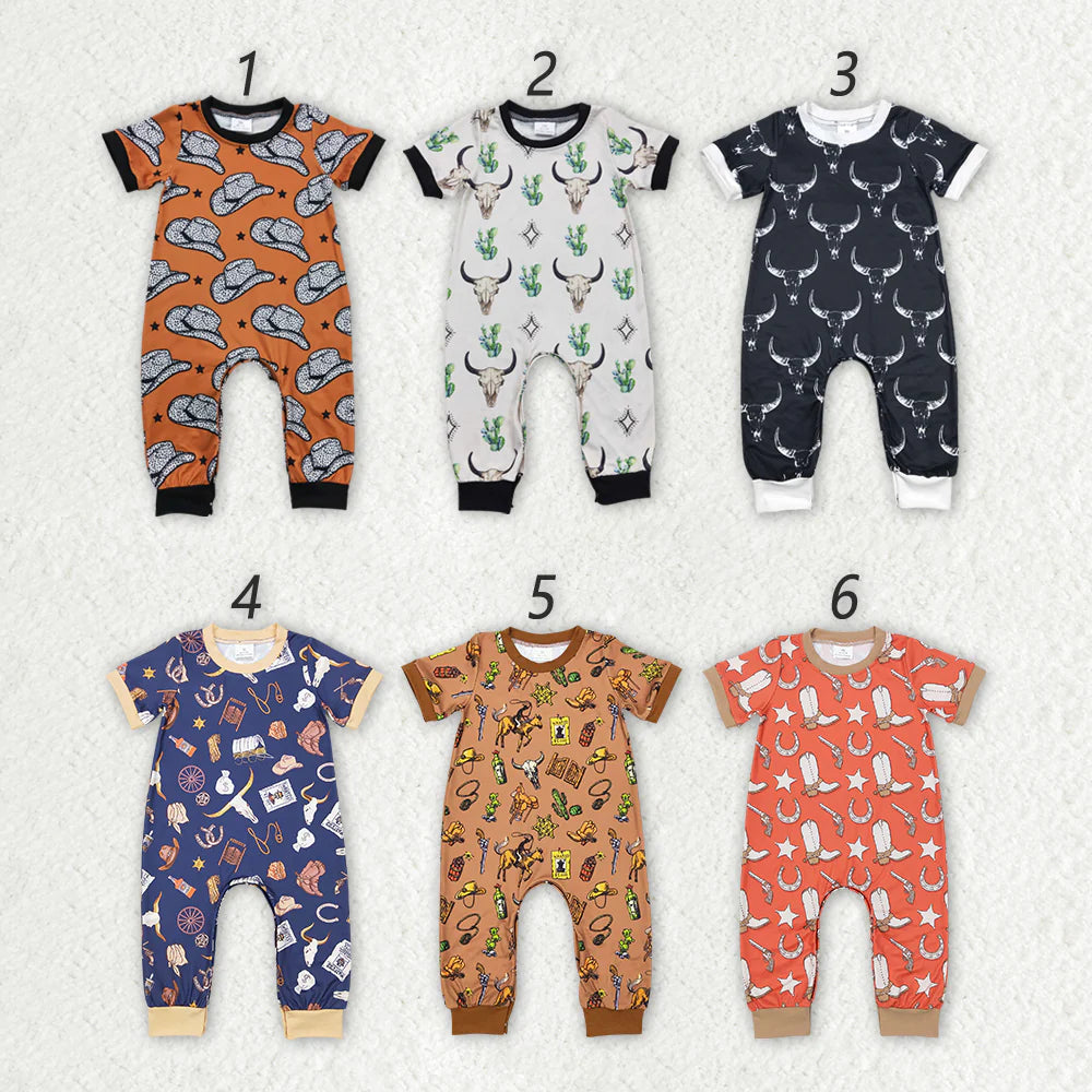 1.20 RTS Sibling Baby Girls Boys Western Cow Short Sleeve Rompers