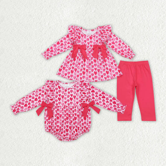 1.14 RTS Sibling Baby Girls Pink Hearts Bows Rompers Outfits Clothes Sets