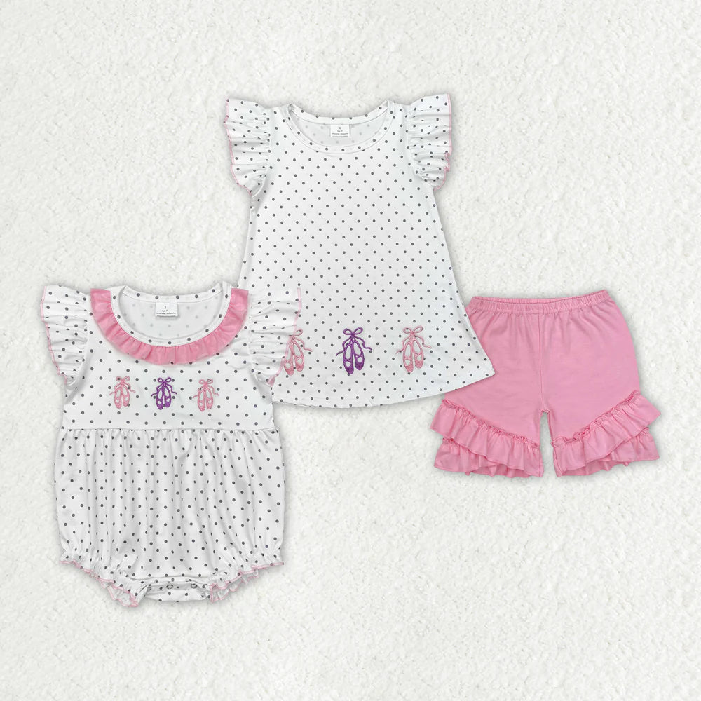 1.13 RTS Sibling Baby Girls Ballet Shoes Dots Rompers Clothes Sets