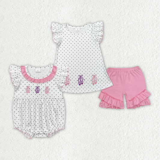 1.13 RTS Sibling Baby Girls Ballet Shoes Dots Rompers Clothes Sets