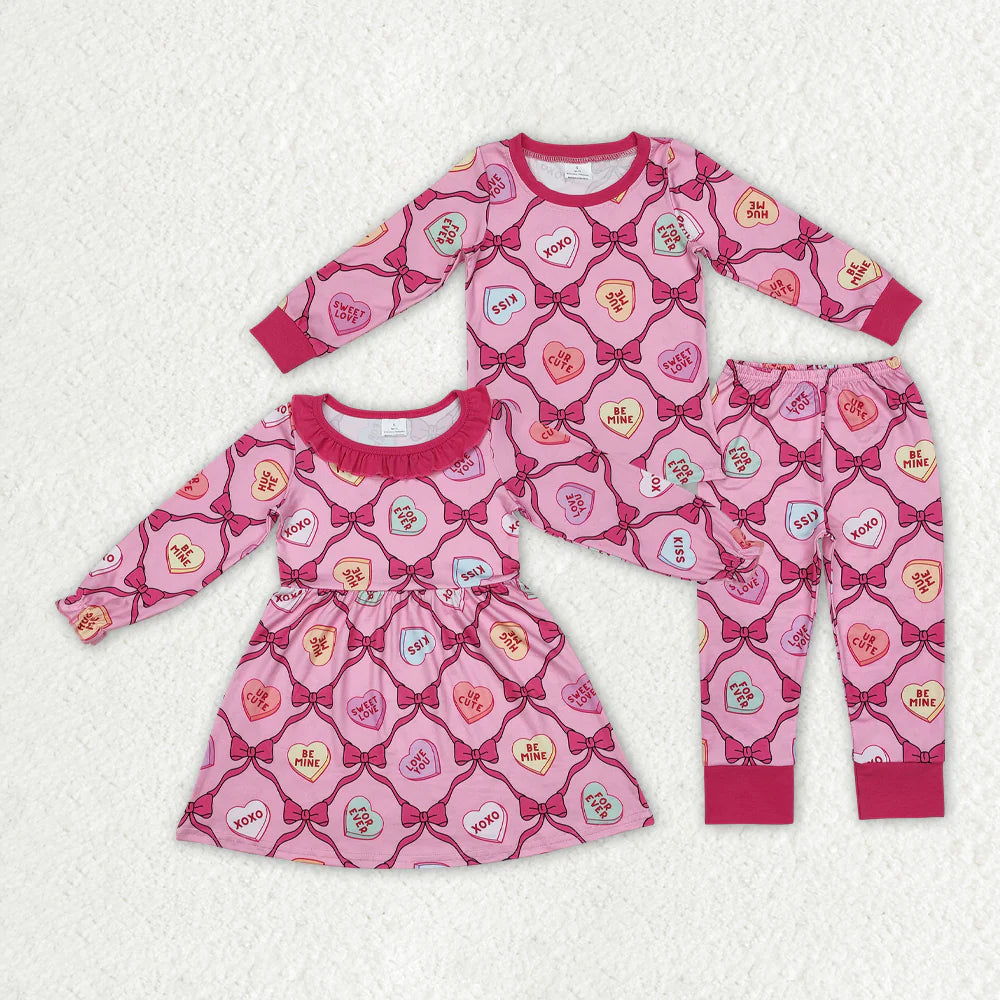 1.13 RTS Sibling Baby Girls Valentines Hearts Bows Romper Pajamas Clothes Sets