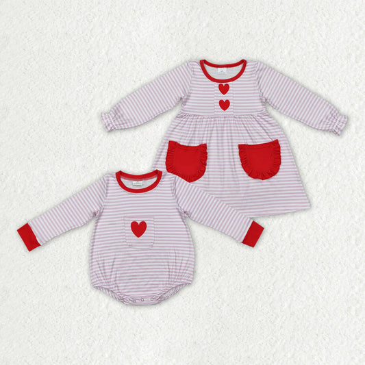 1.13 RTS Sibling Baby Girls Pink Stripes Heart Pockets Rompers Dresses