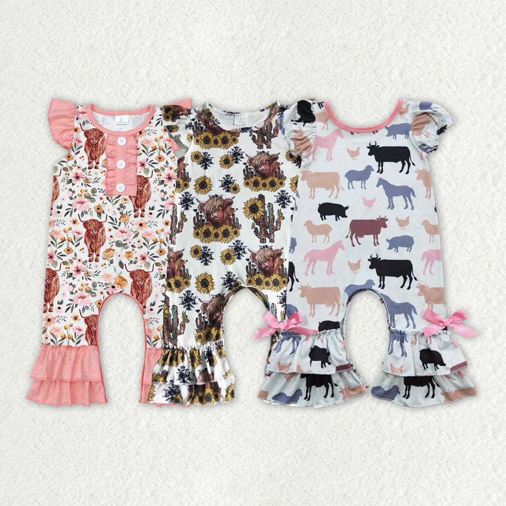 1.13 RTS Sibling Baby Girls Western Highland Cow Romper