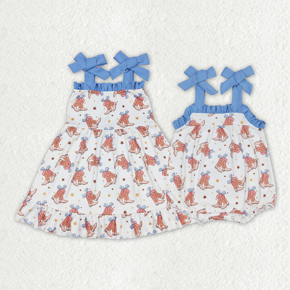 12.24 RTS Sibling Baby Girls Straps Boots Bows Western Rompers Dresses