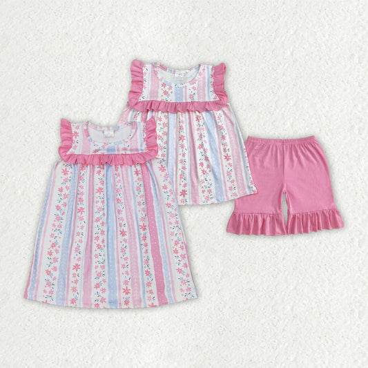 11.26 RTS Sibling Baby Girls Pink Flowers Dresses Outfits Sets