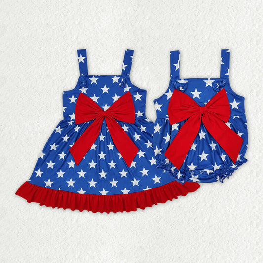 12.10 RTS Sibling Baby Girls 4th Of July Stars Rompers Dresses