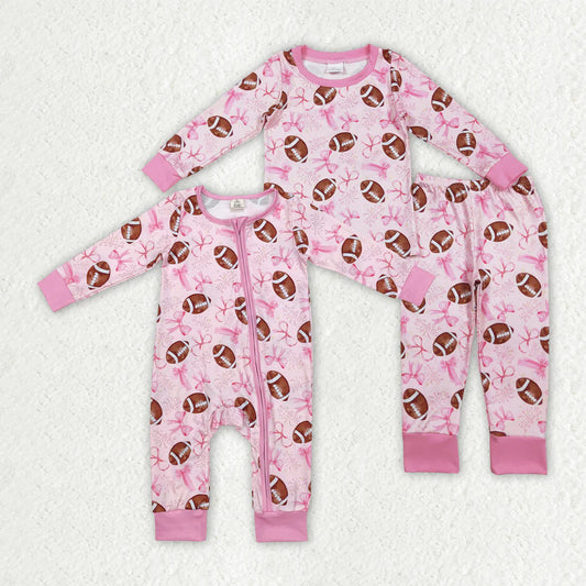 10.2 RTS Sibling Baby Girls Pink Football Bows Rompers Pajamas Clothes Sets