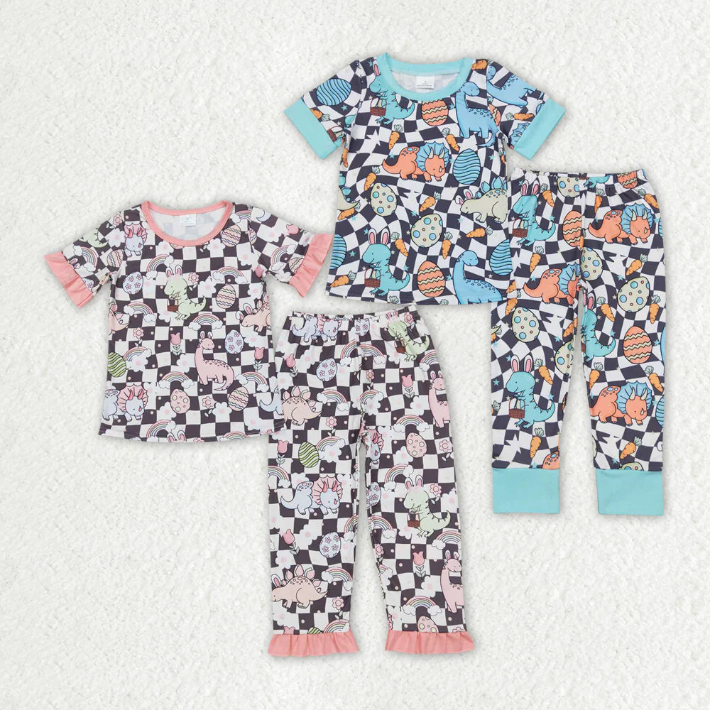 12.30 RTS Sibling Boys Baby Girls Easter Dinosaurs Eggs Shirt Pants Pajamas Suits