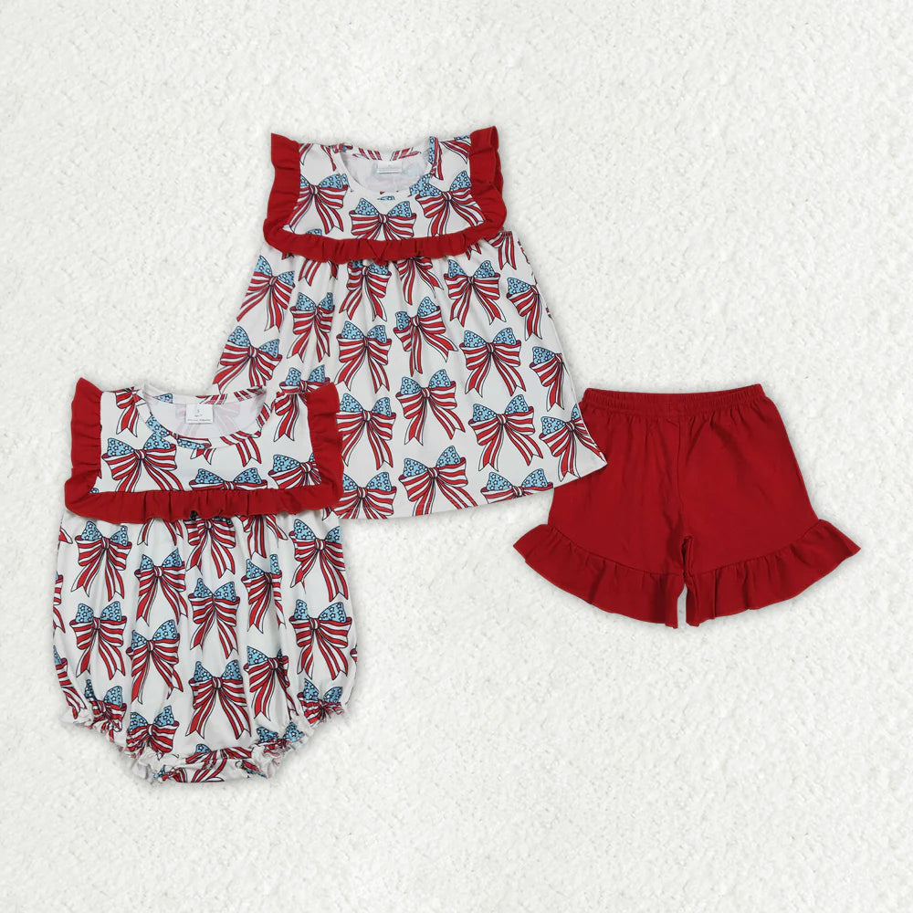 12.10 RTS Sibling Baby Girls 4th Of July Coquette Bows Rompers Sets
