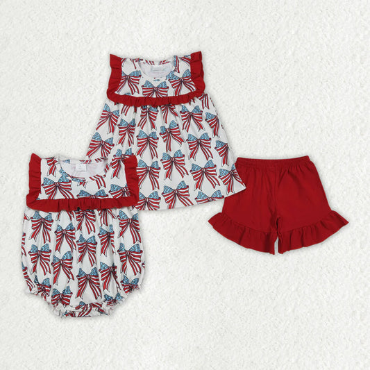 12.10 RTS Sibling Baby Girls 4th Of July Coquette Bows Rompers Sets