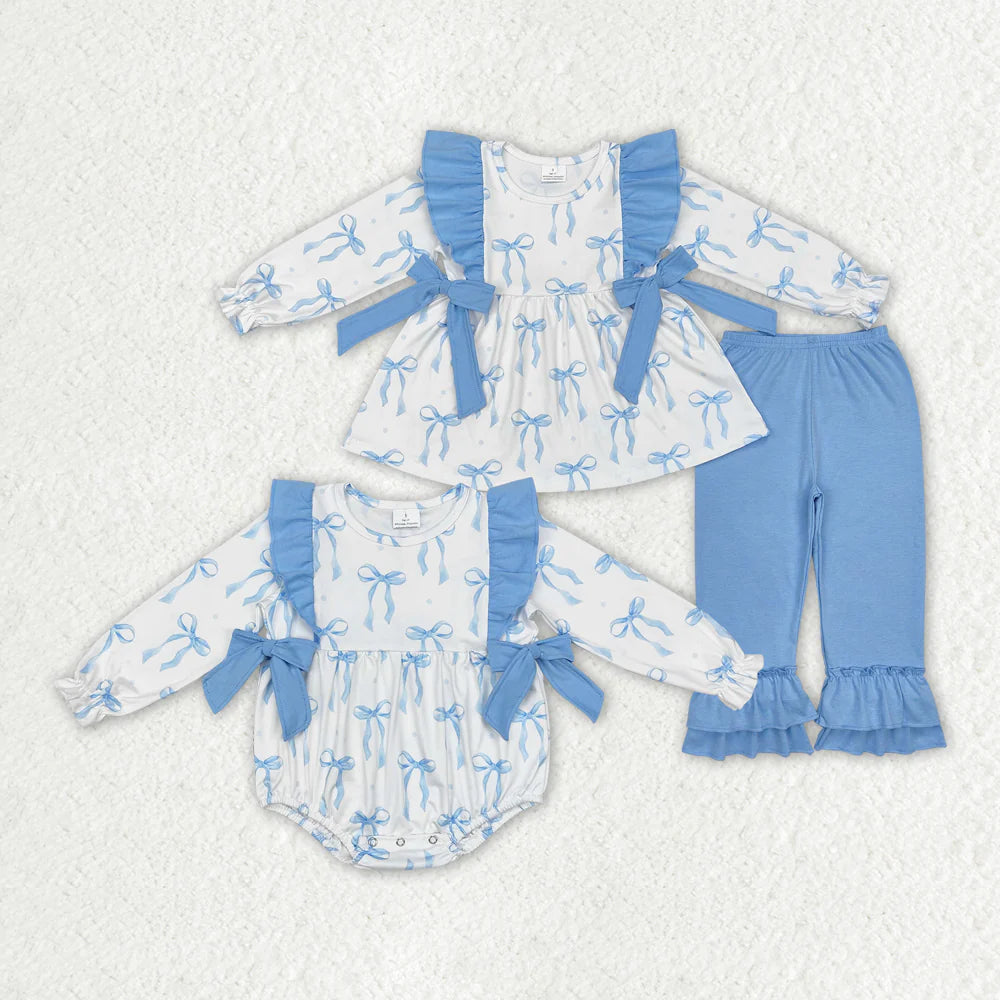 1.19 RTS Sibling Baby Girls Blue Bows Rompers Clothes Sets