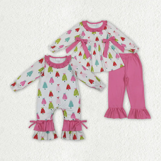 10.2 RTS Sibling Baby Girls Christmas Bows Trees Rompers Outfits Sets