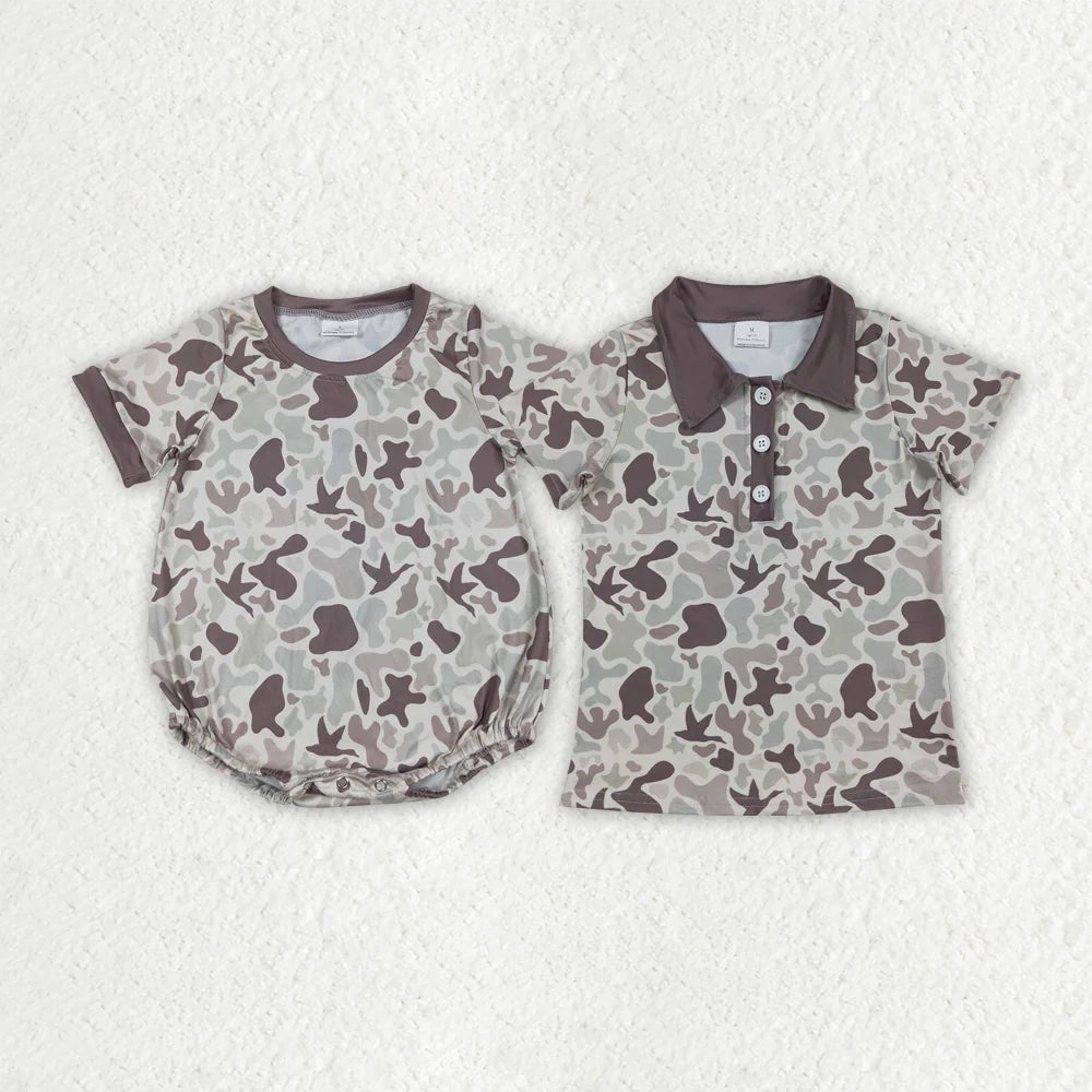 10.2 RTS Sibling Baby Boys Khaki Ducks Camo Button Rompers Shirts