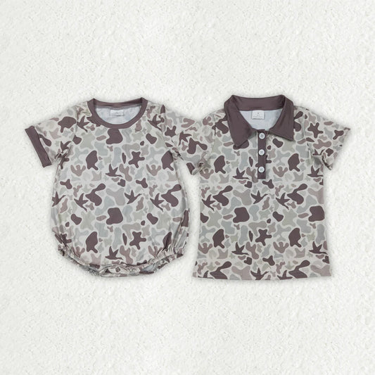 10.2 RTS Sibling Baby Boys Khaki Ducks Camo Button Rompers Shirts