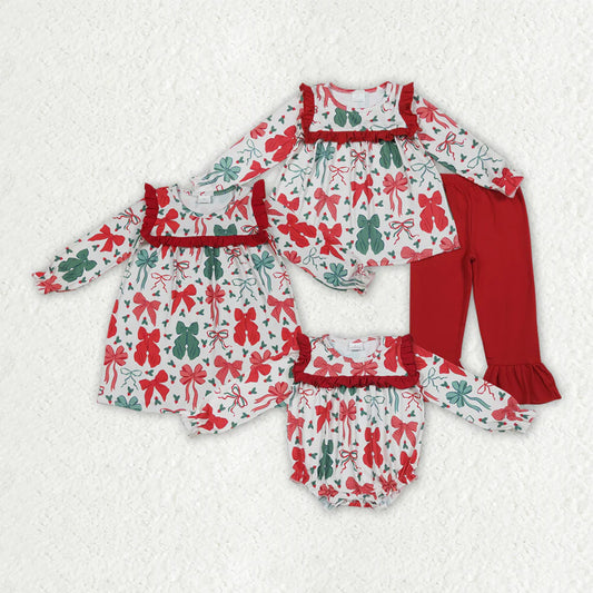 10.2 RTS Sibling Baby Girls Christmas Red Green Bows Rompers Dresses Outfits