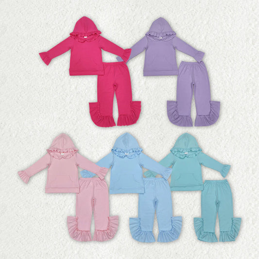 1.19 RTS 5 Colors Cotton Sibling Baby Girls Hooded Ruffle Top Bell Pants Clothes Sets