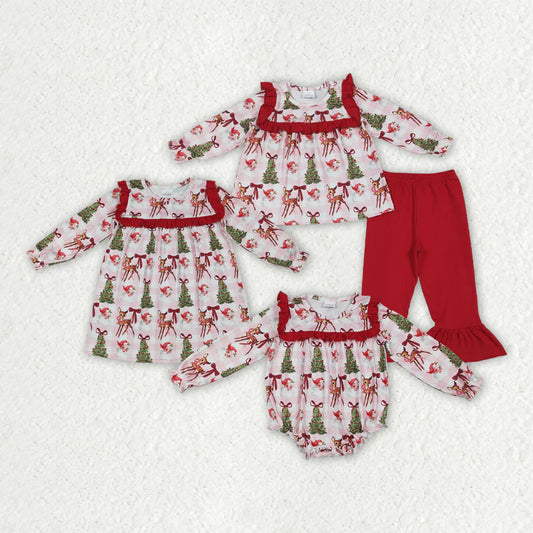 10.2 RTS Sibling Baby Girls Red Long Sleeves Santa Trees Rompers Dresses Outfits